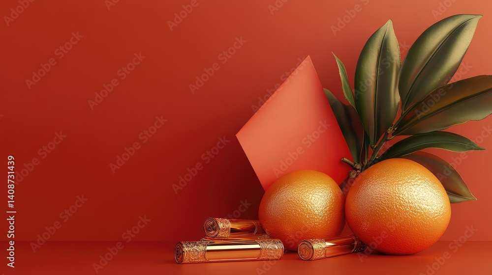 Poster close-up of chinese new year oranges with a decorative red envelope and gold ingots, with an empty a