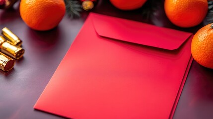 Close-up of Chinese New Year oranges with a decorative red envelope and gold ingots, with an empty area in the foreground for copy space