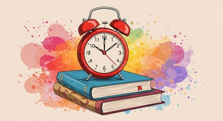 Red Alarm Clock on Stacked Books: A Vibrant Watercolor Illustration