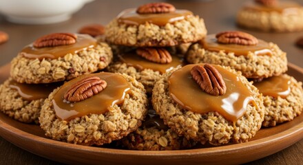 A Wooden Plate Displaying Delicious Pecan Pie Cookies with Caramel Topping