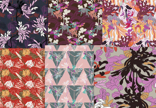 Seamless Pattern Floral Motifs Big Aster Flower