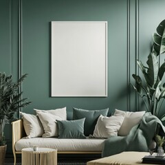 A cozy living room decor features a blank picture frame