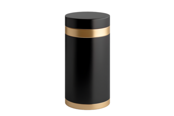 A black cylindrical container with gold accents on a black background in a studio shot