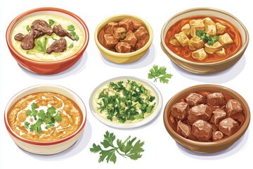 A flavorful set of traditional Russian beef stroganoff, isolated white.