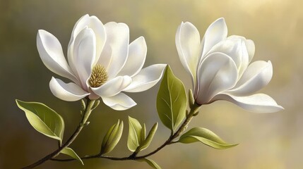 Obraz premium Elegant magnolia blossoms opening under spring sunlight, soft white petals with natural space