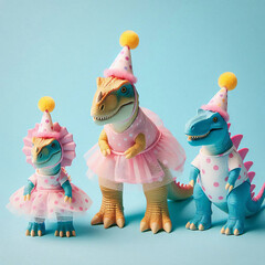 Party-Ready Dinosaurs in Tutus and Polka Dots – Adorable Celebration with Prehistoric Charm