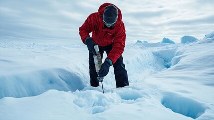 Polar scientist drills a core sample in arctic ice.