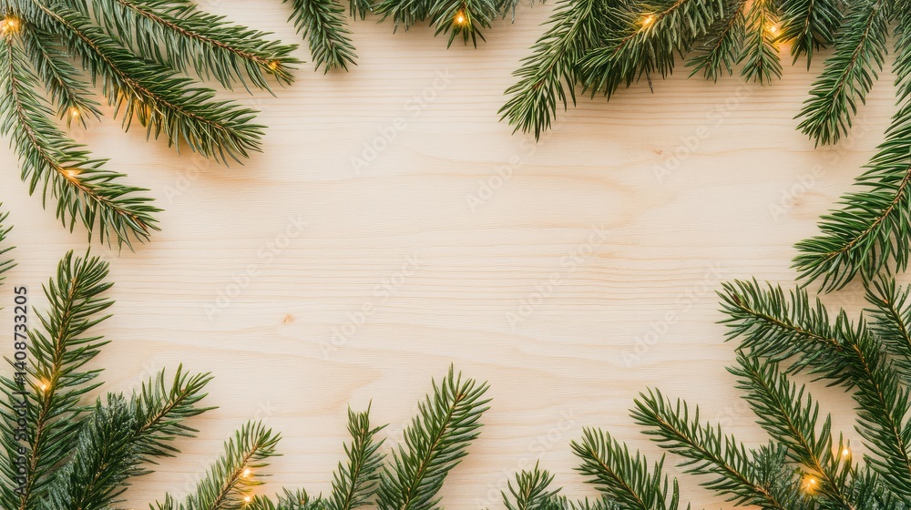 Poster fir branch border with glowing lights on a soft wooden surface, frame style layout with space