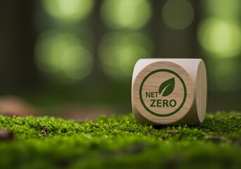 Net zero and carbon neutral concept, Climate Neutral Long-Term Strategy on Green Background, Wooden cube with Net Zero logo, lush green moss, blurred background, . Net Zero Greenhouse Gas 