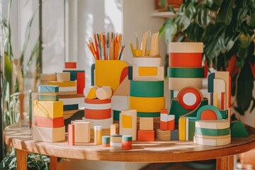 A Vibrant Collection of Colorful Craft Supplies Displayed on a Wooden Round Table