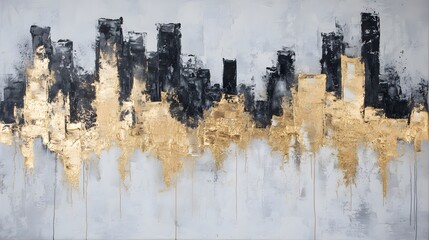 Abstract Gold Cityscape Painting Black Grey Texture