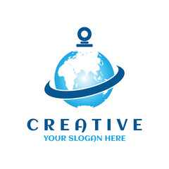 Global Cartography Logo Creative Design. Globe world sphere logotype. Earth orbit planet icon symbol web media vector illustration