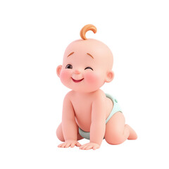 Adorable 3D Render of a Winking Baby Crawling on a White Background