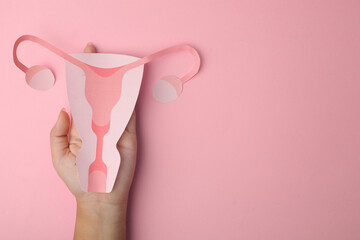 Female Uterus Paper Cutout On Palm Hand Isolated On Pink Background With Copy Space