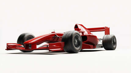 sleek red formula 1 car with white background.