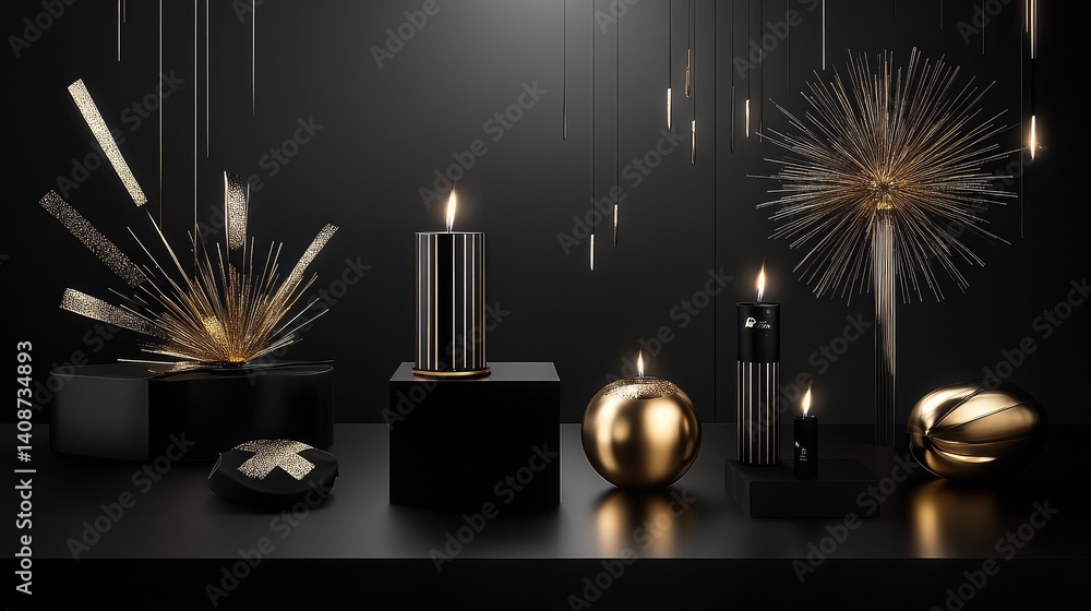 Poster modern minimalist new year setting with simple black and gold elements and clean layout space