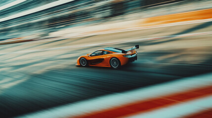 orange sports car racing on fast circuit.
