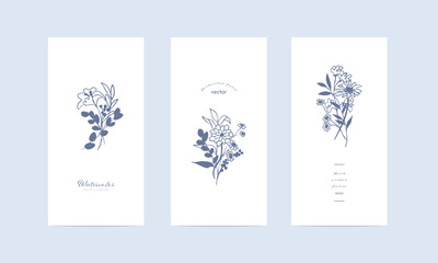 草木の線画。草木と花のベクターイラスト。草木の飾りフレーム。Line drawing of plants and trees. Vector illustration of plants, trees and flowers. Decorative frame of plants and trees.