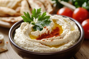 Hummus: traditional dip, vibrant flavors, nutritious bite, savory spread, chickpea paste, garlic touch, creamy texture, tahini ingredient, healthy appetizer, Middle Eastern dish, plant-based snack.