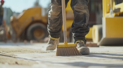 A construction worker cleaning a construction site with a broom. Featuring diligence and cleanliness