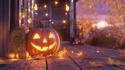 halloween pumpkin glowing warmly on wooden porch.