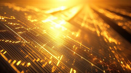 Obraz premium Golden solar panels reflecting intense sunlight.