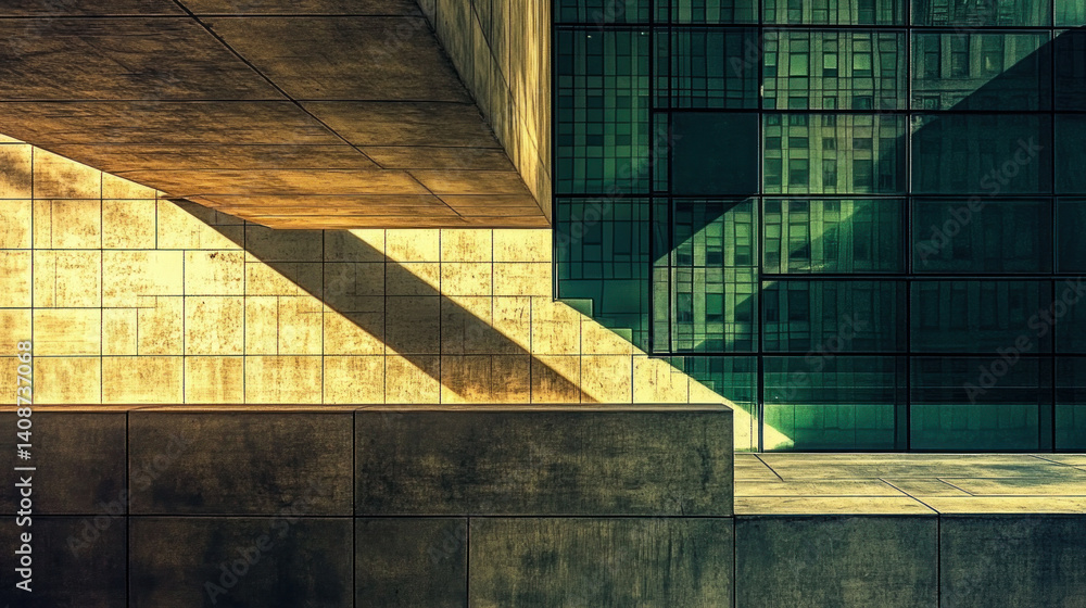 Poster a building with a lot of windows and a shadow on the ground. the shadow is on the side of the buildi