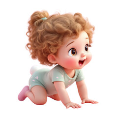 Fototapeta premium Adorable animated baby girl learning to crawl on a white backdrop surface