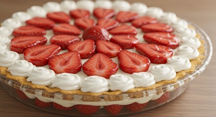 Luscious homemade strawberry pie with creamy filling and decorative whipped topping