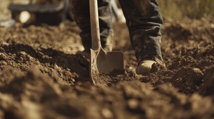 A construction worker digging a trench for utility lines. Featuring laborious effort and site preparation