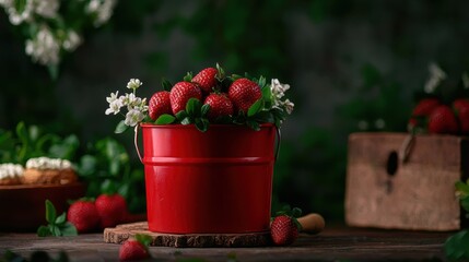 Cottagecore lifestyle elements: cozy red bucket, fresh strawberries, handmade wooden axe, ripe veggies, blooming flowers, and baked goods.