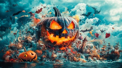 Large jack o lantern amidst chaos of halloween themed imagery
