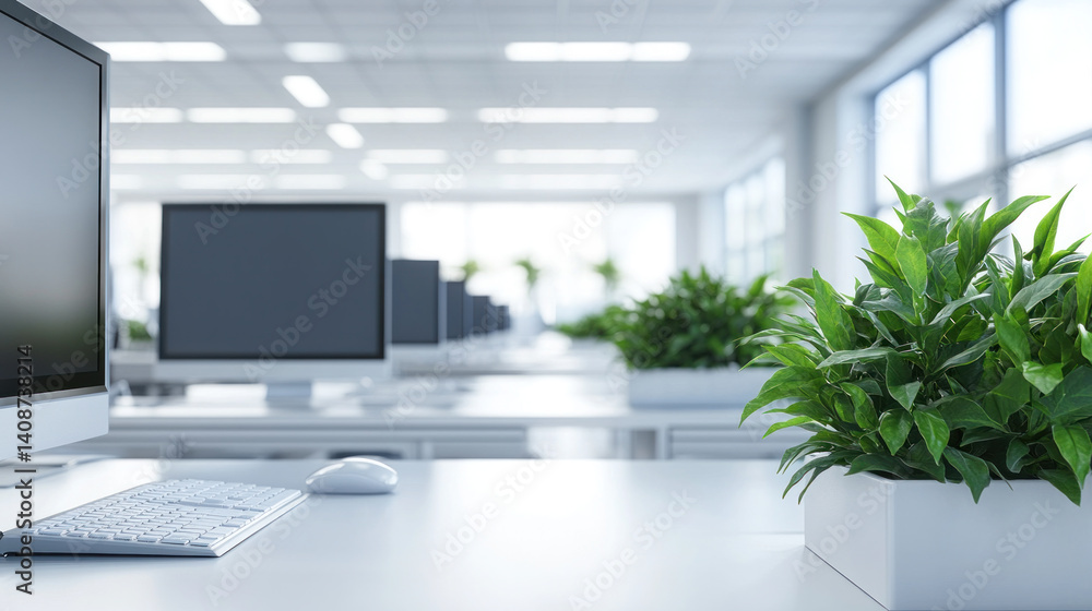 Poster a computer desk with a mouse and keyboard on it. a potted plant sits on the desk