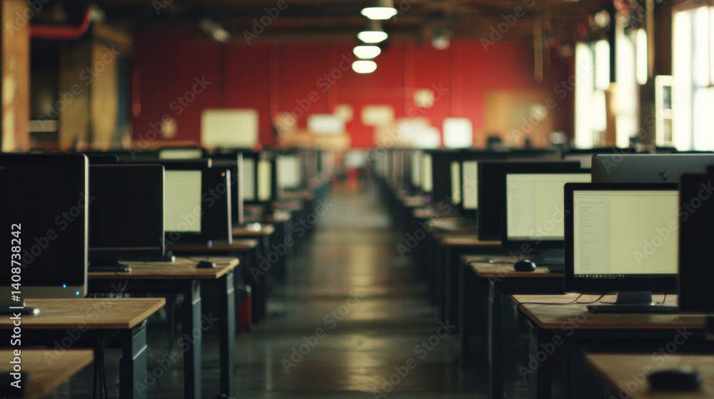 Poster a large room with many computer monitors on desks. the room is empty and the desks are all empty
