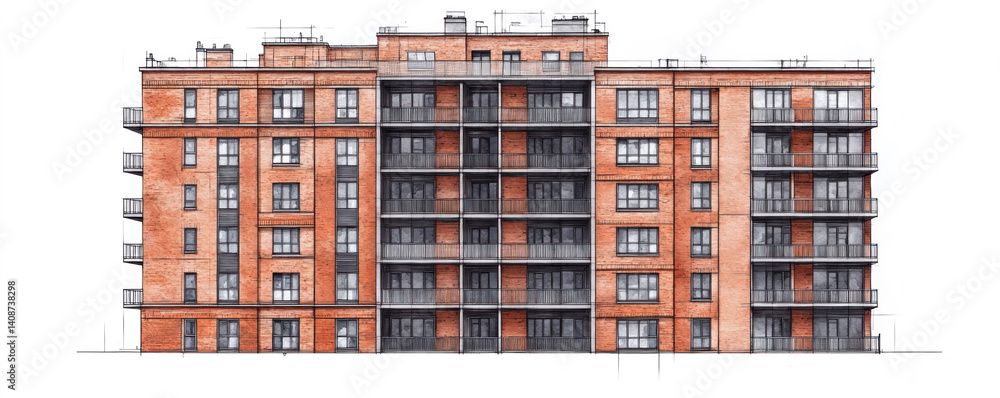 Poster a large brick building with many windows and balconies. the building is tall and has a lot of window