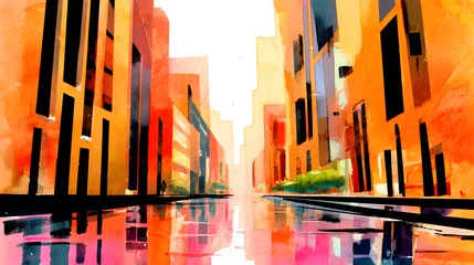 vibrant city street with tall buildings watercolor