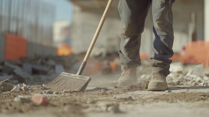 A construction worker cleaning up a job site using a broom. Featuring effort and cleanliness
