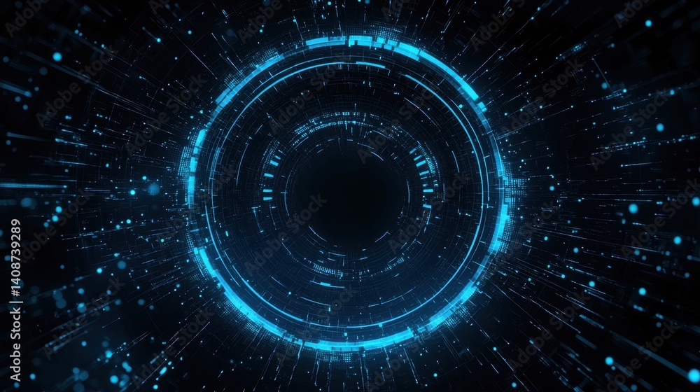 Poster Glowing blue digital background with fast-moving binary code, symbolizing cybersecurity and data protection.