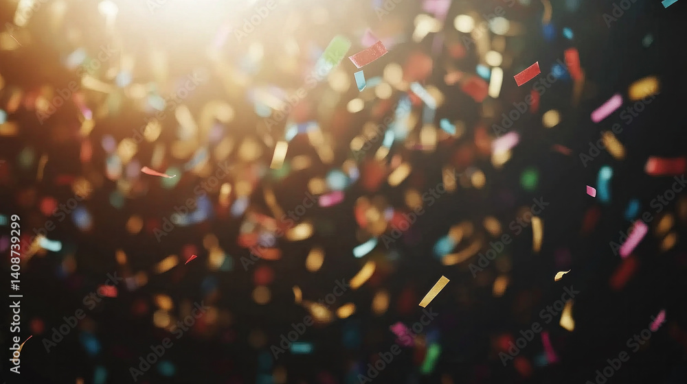 Poster a colorful explosion of confetti is falling from the sky. the confetti is in various colors and size