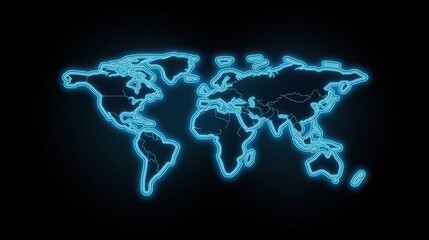 Futuristic world map with neon network lines and glowing nodes, tech background.