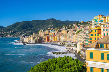 Obraz premium The village of Camogli is a fishing village and tourist resort located on the west side of the peninsula of Portofino, on the Golfo Paradiso Riviera di Levante, Italy