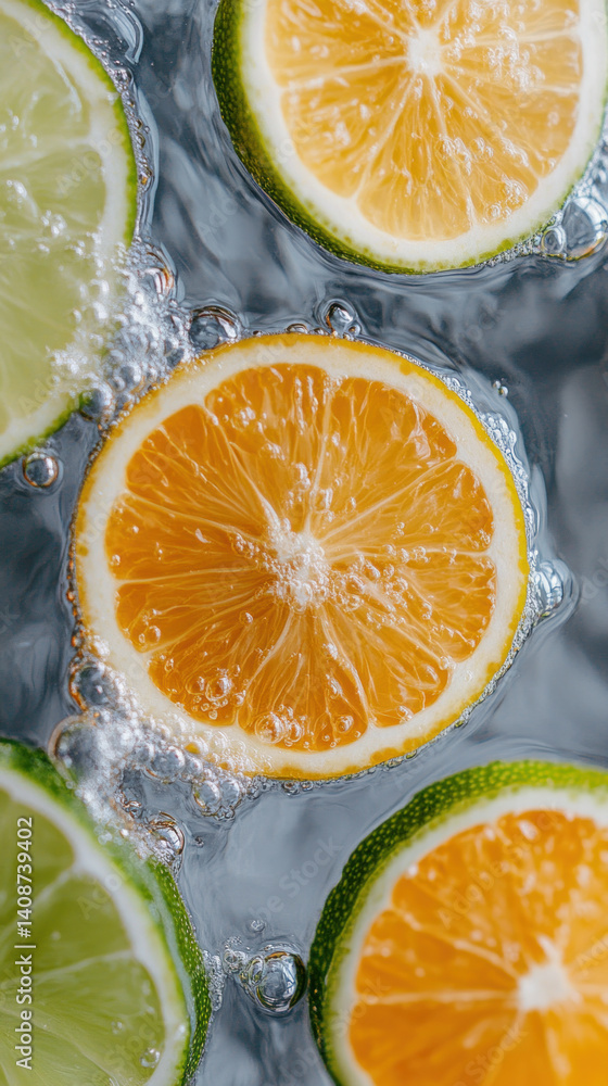 Poster a close up of a few oranges and limes in a glass of water. the oranges and limes are floating in the