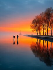 Fototapeta premium Sunrise on Calm Water, People Silhouette