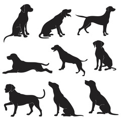 Set Of Dog Silhouettes In Various Poses Isolated On White Background Depicting Playful Loyal And Attentive Canine Companions