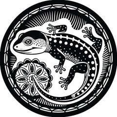 Elegant Spotted Gecko And Floral Design In Bold Black And White Illustration With Decorative Circular Frame