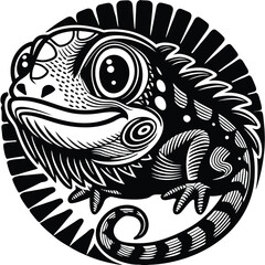 Black And White Graphic Iguana Illustration Lizard Reptile In Circle Detailed Design For Print On Demand Projects And Art