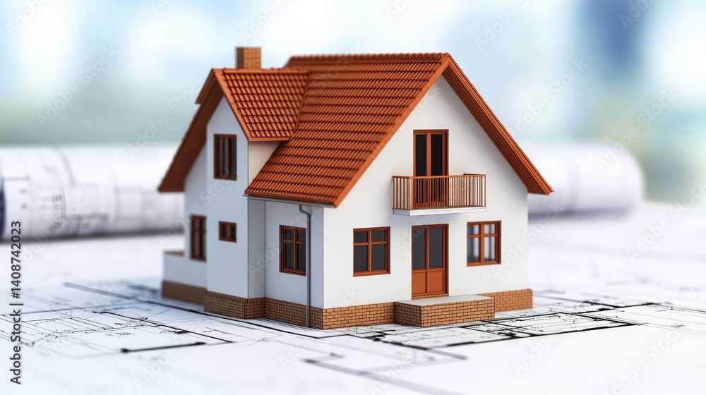 Poster building house on blueprint under model and construction concept. a detailed model of a house on arc