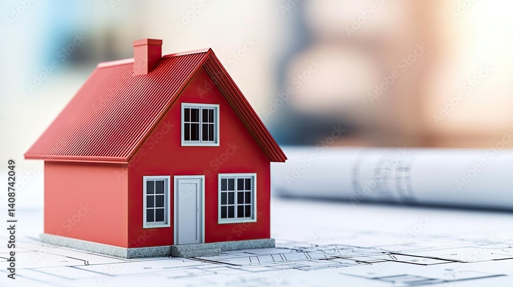 Poster building house on blueprint under model and construction concept. miniature red house model on archi