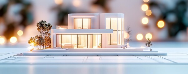 Building house on blueprint featuring project and model concept. A modern architectural model showcasing innovative house design.