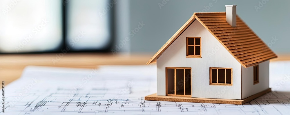 Poster building house on blueprint featuring project and model concept. miniature house model on a blueprin
